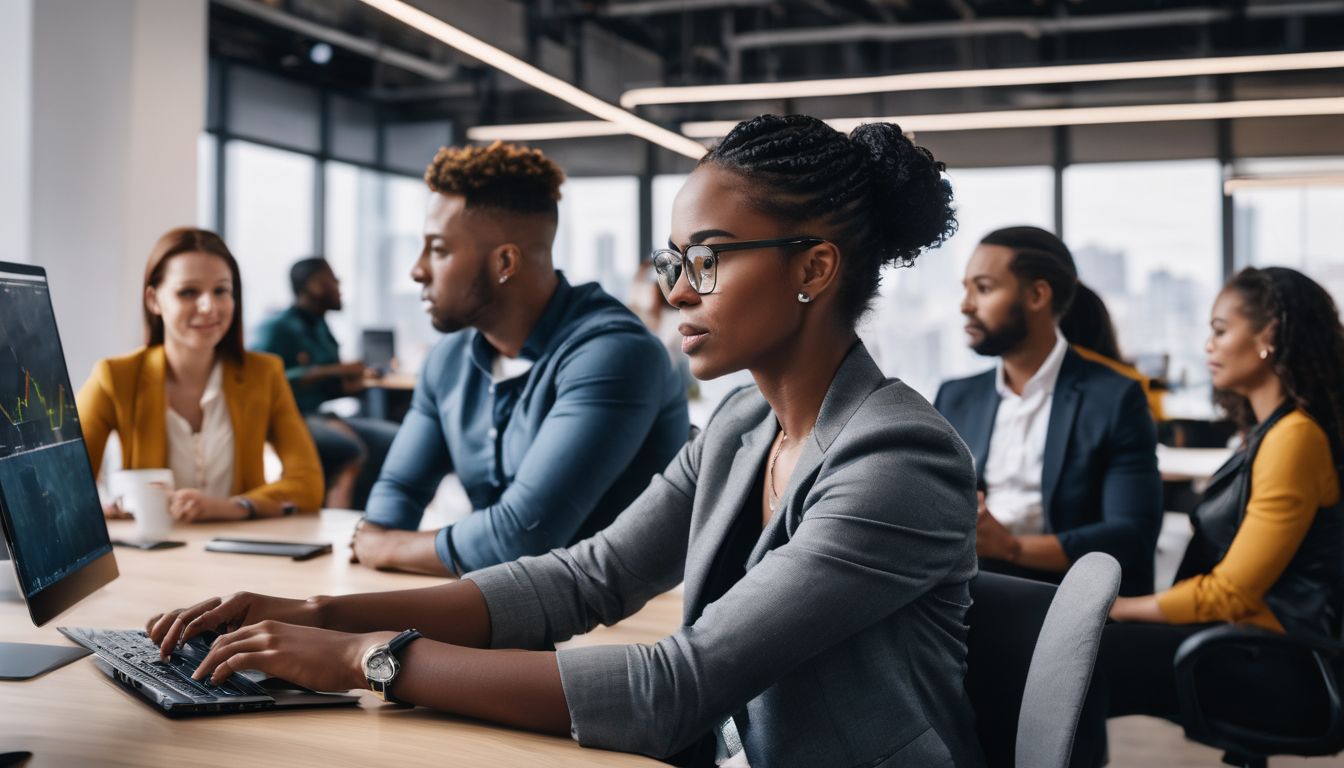 Diverse group working in modern office with AI technology.