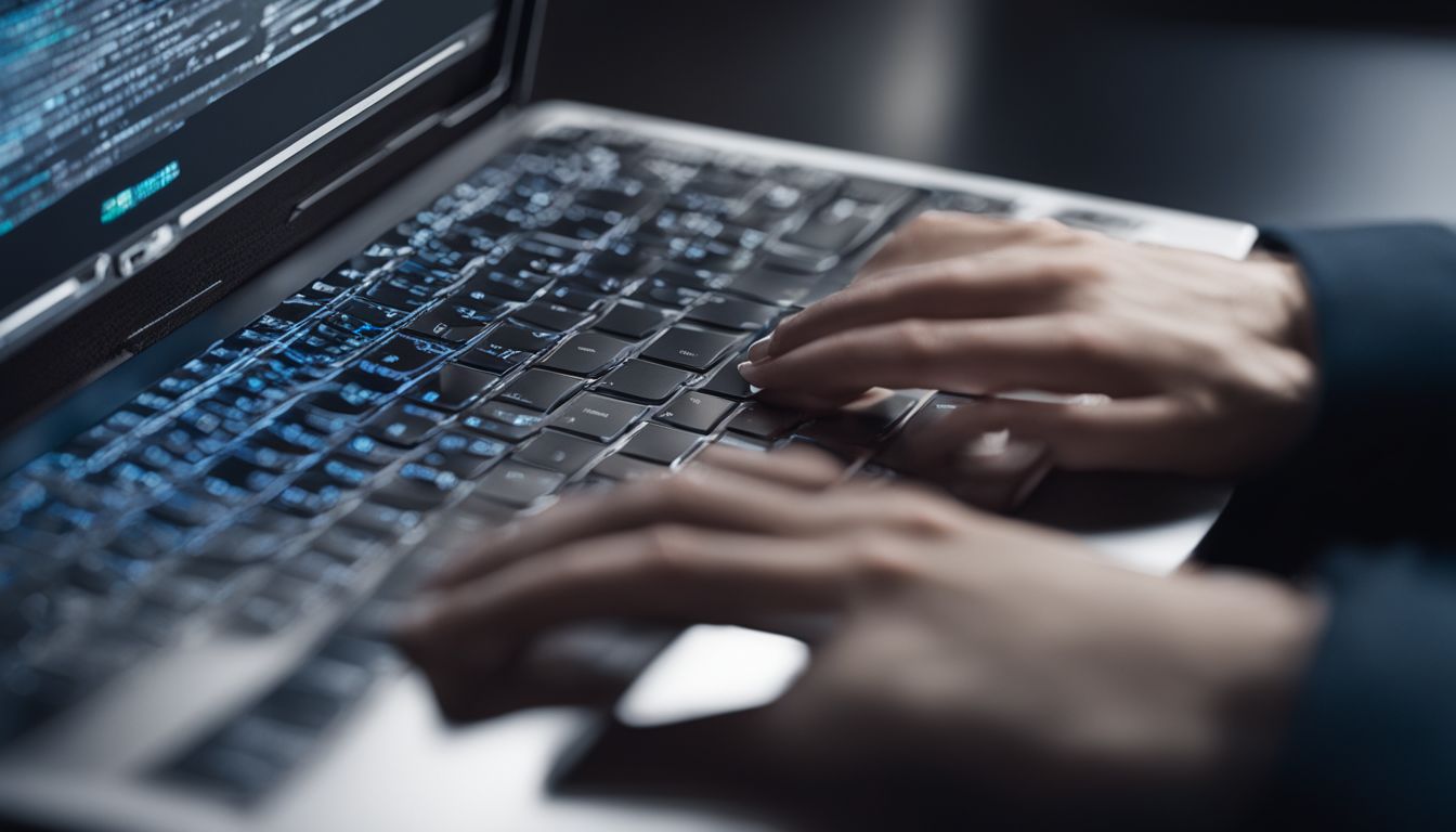 Close-up of person typing complex password on laptop; focus on face.