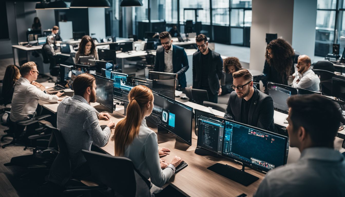 Diverse group of cybersecurity experts working together in modern office.