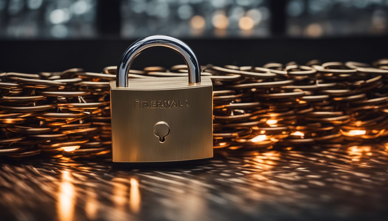 Cybersecurity concept featuring padlock, different faces, and digital firewall.