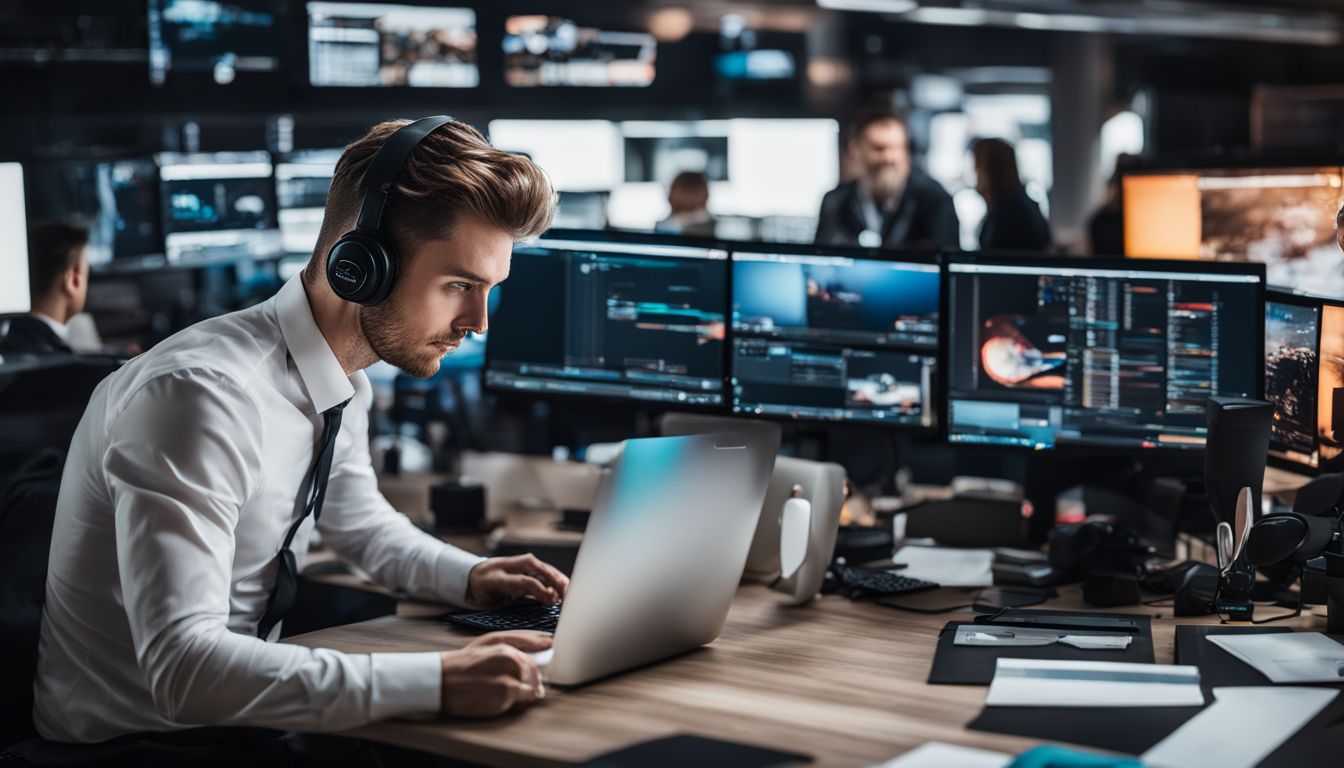 A person surrounded by computer screens in a bustling atmosphere.