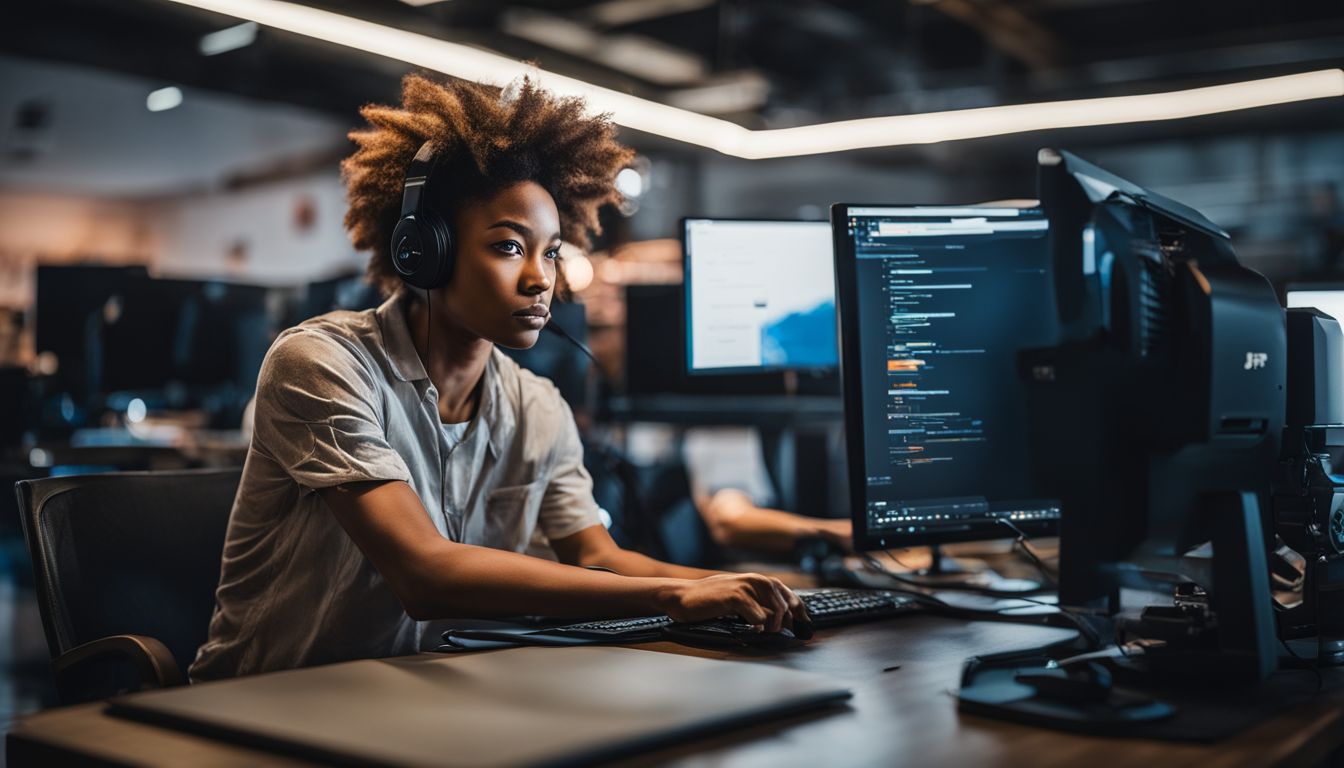 A person focused on a computer with a digital lock on screen.