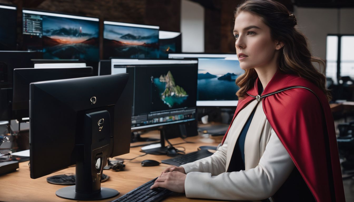 A person wearing a cape working on a computer in a busy setting.