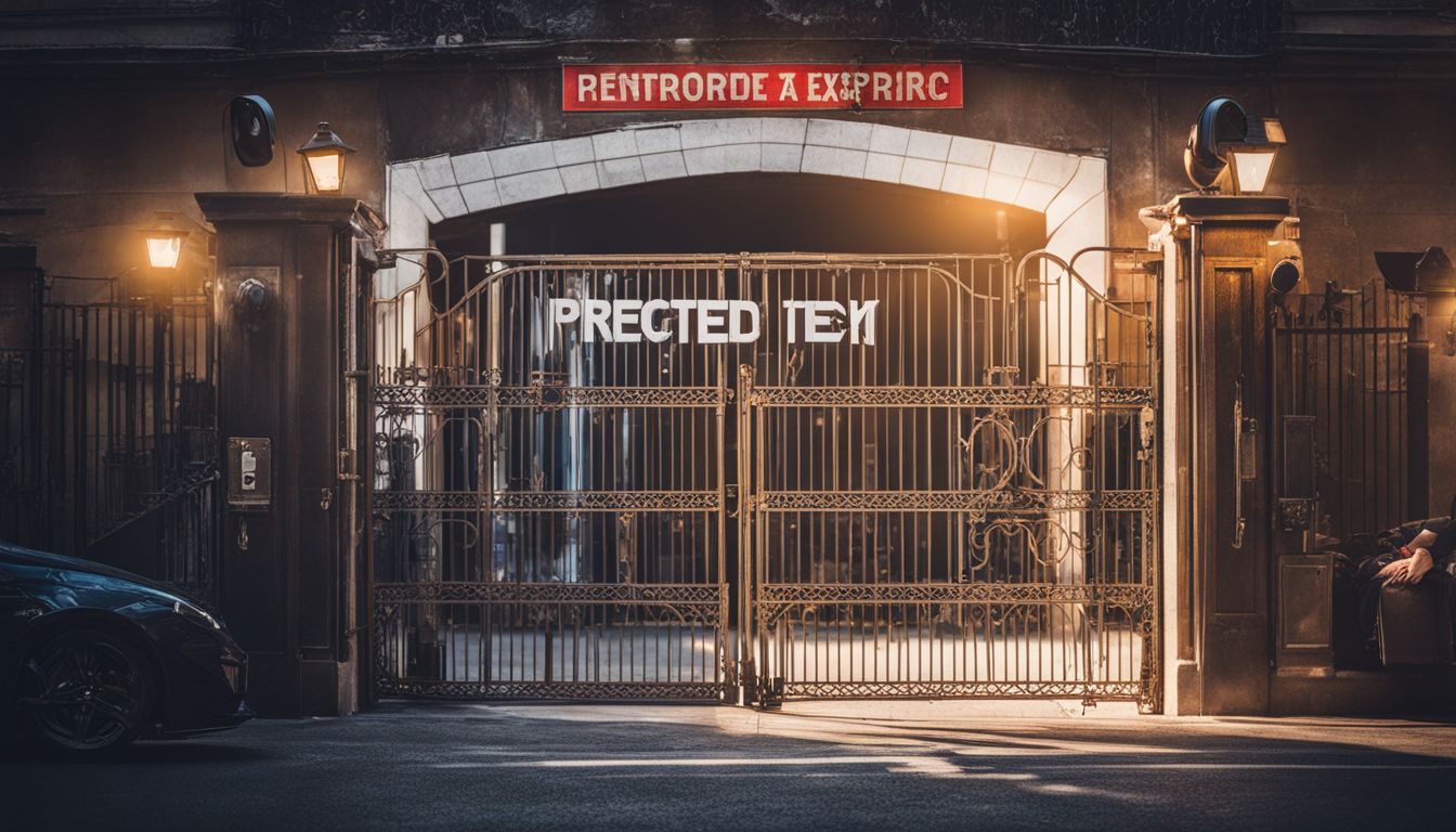 A locked gate surrounded by security cameras in a cityscape.