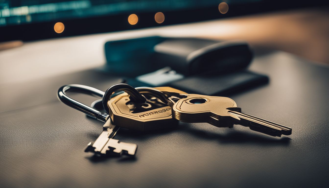 A photo of a secure lock and key with a WordPress dashboard and coding in the background.