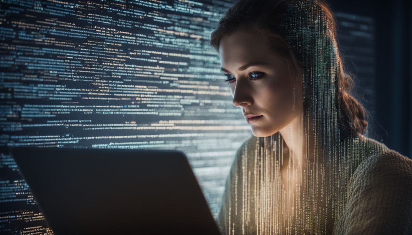 Person typing on laptop with code projected onto their face.