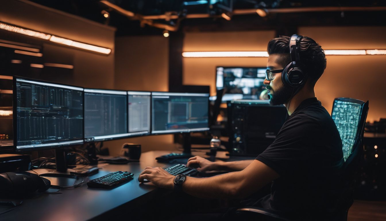 A hacker surrounded by binary code in a technology-filled atmosphere. A hacker surrounded by binary code in a technology-filled atmosphere.