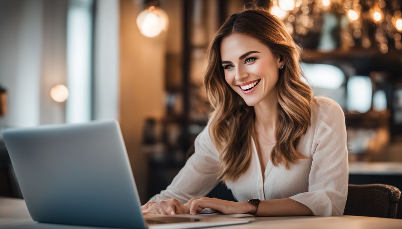 A woman managing an online store with a variety of photography subjects.