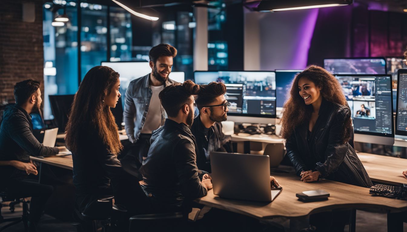 A diverse group of web developers collaborating on a computer.