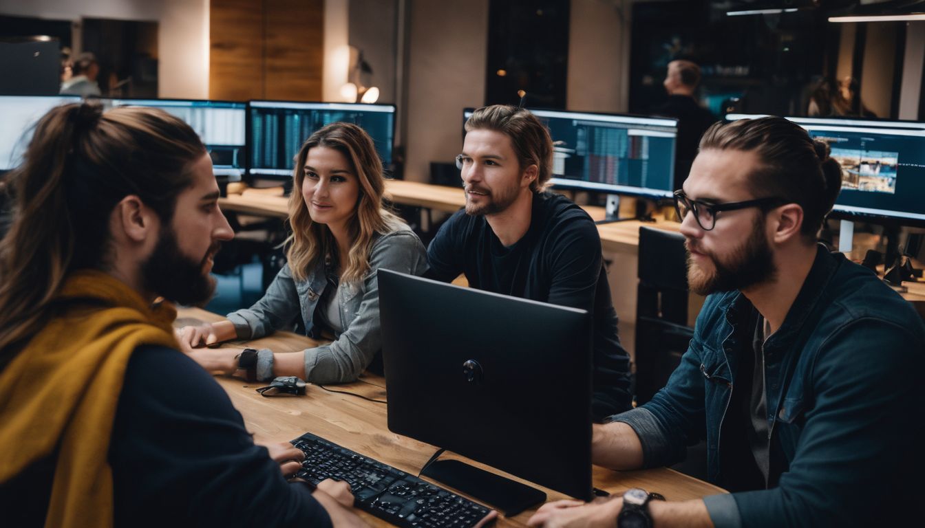 Diverse group of web developers collaborating on coding.