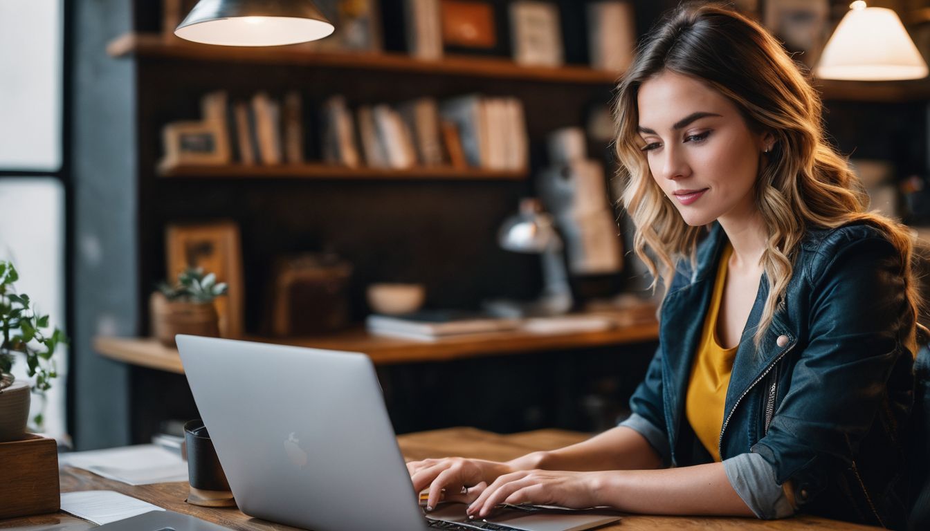 A woman working on her blog about portrait photography.