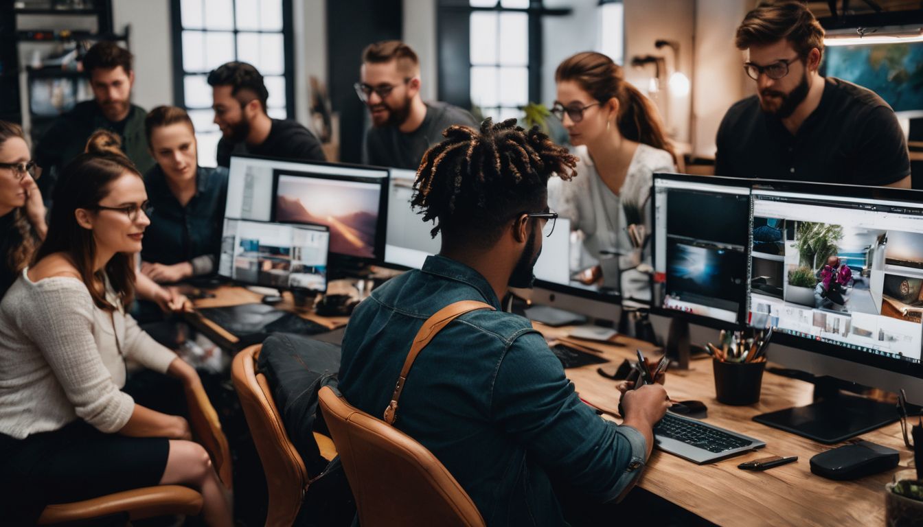 A diverse group of graphic designers collaborating on a creative project.