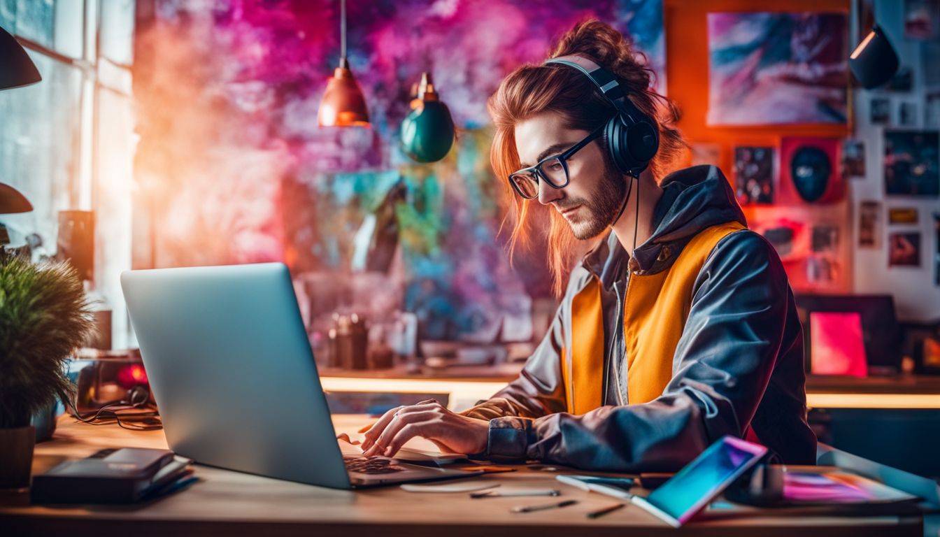 A graphic designer working on a laptop surrounded by creative elements.