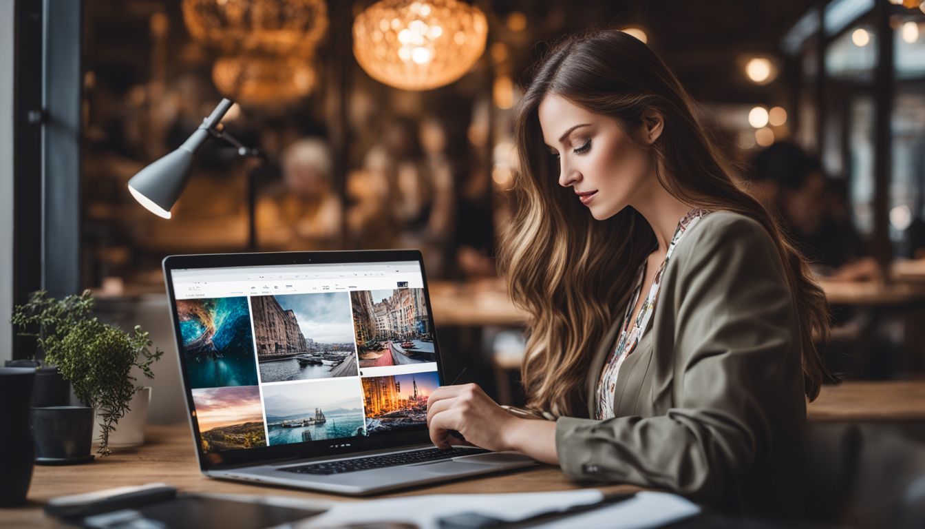 A woman working on a laptop surrounded by various website designs.