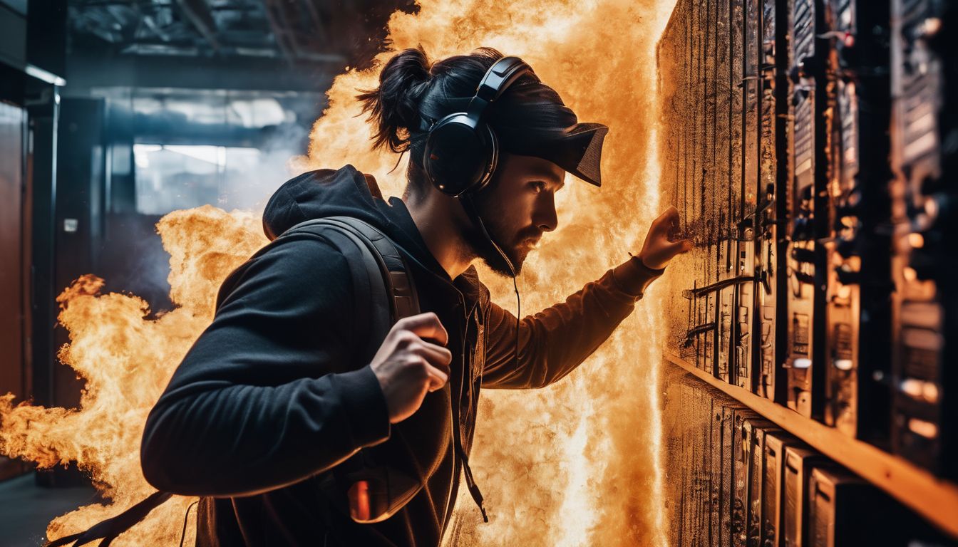 A hacker breaking through firewalls in a high-tech, bustling atmosphere. A hacker breaking through firewalls in a high-tech, bustling atmosphere.