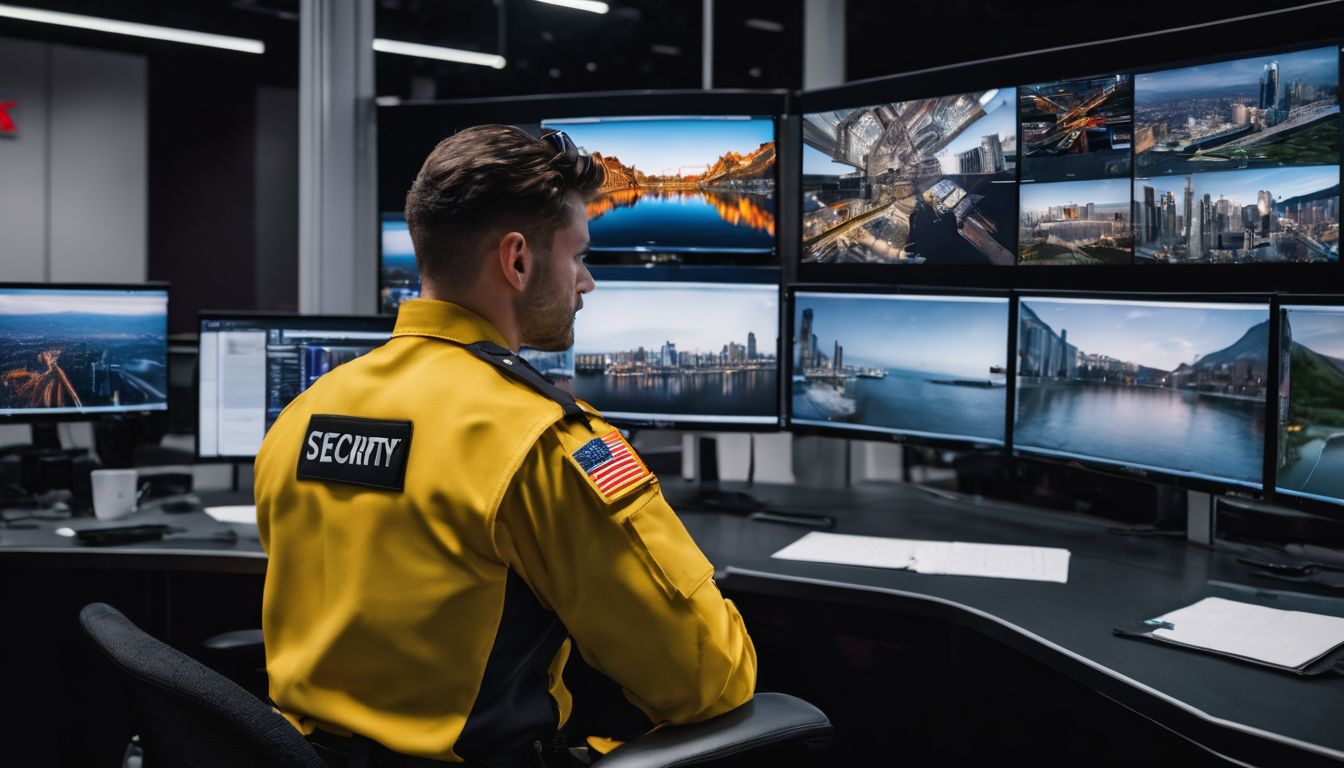 Photo of a security guard at a computer with diverse cityscape photography.