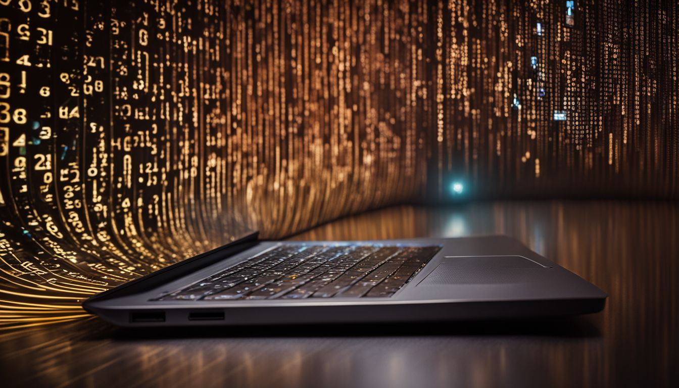 A laptop screen with a security lock symbol against binary code, featuring various people.