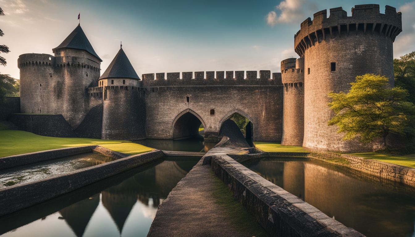 A fortified fortress with various people, styles, and a moat.