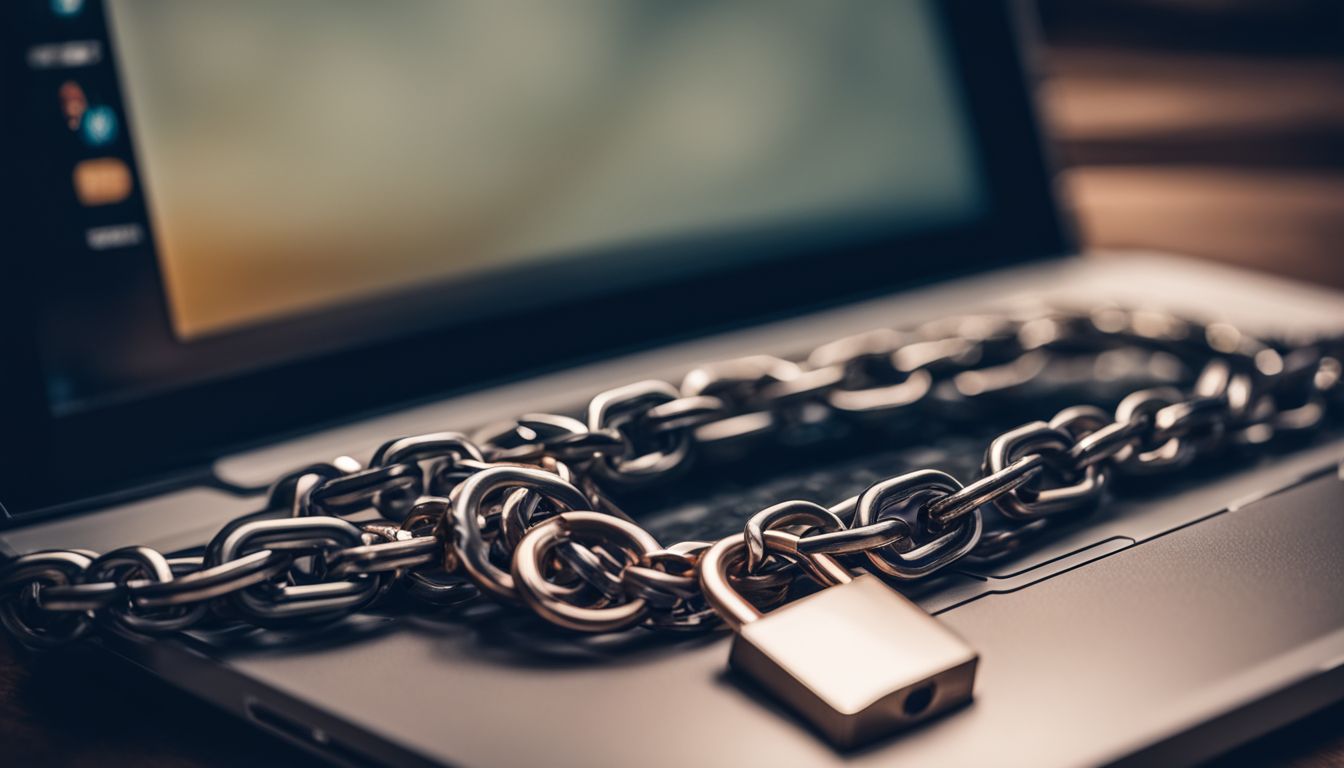 Close-up shot of laptop with chains representing cybersecurity. Various people and outfits.