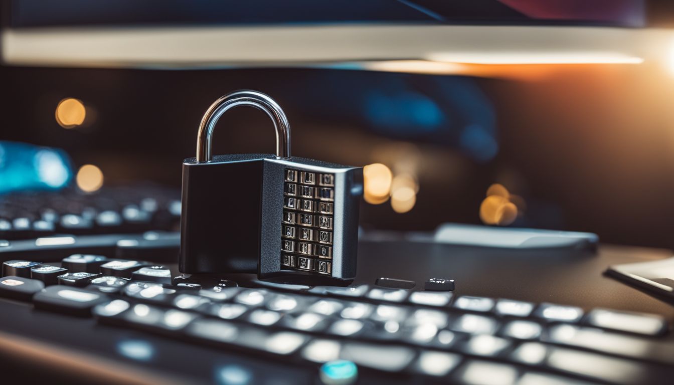 A photo of a digital padlock on a computer keyboard.