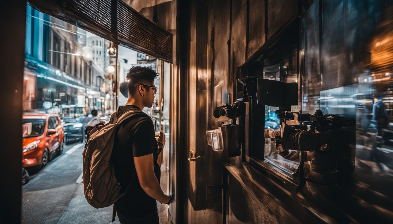 A hacker attempting to break into a locked door under surveillance.