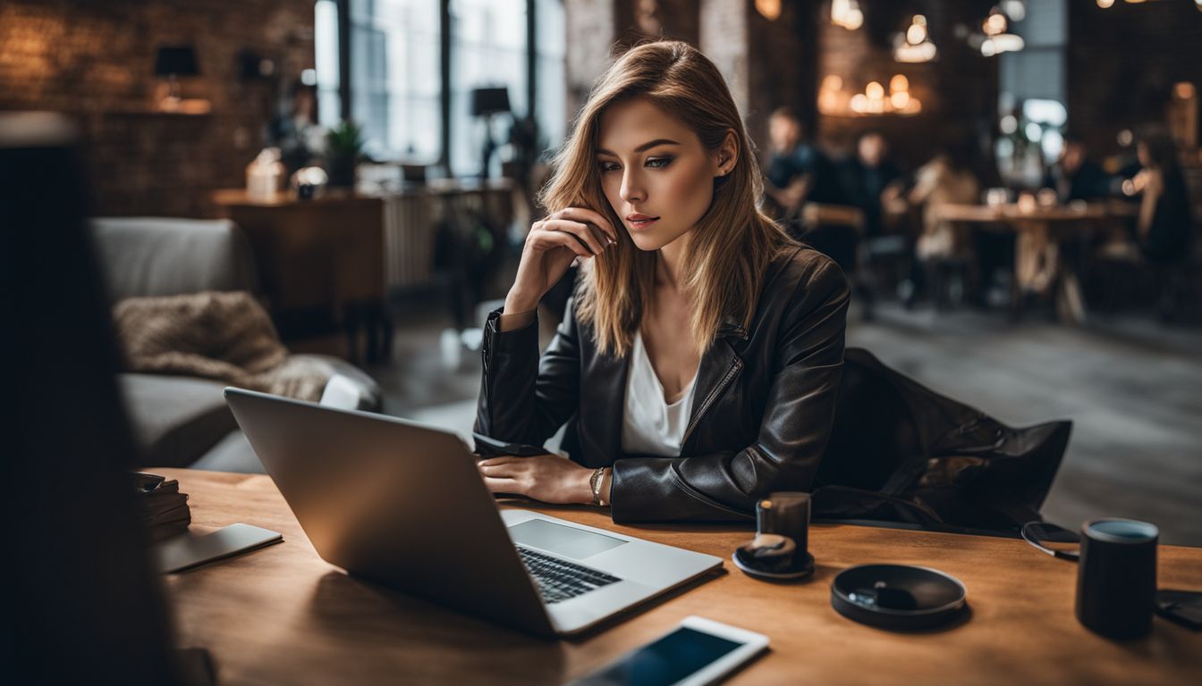 A person surrounded by digital devices in a bustling cityscape.