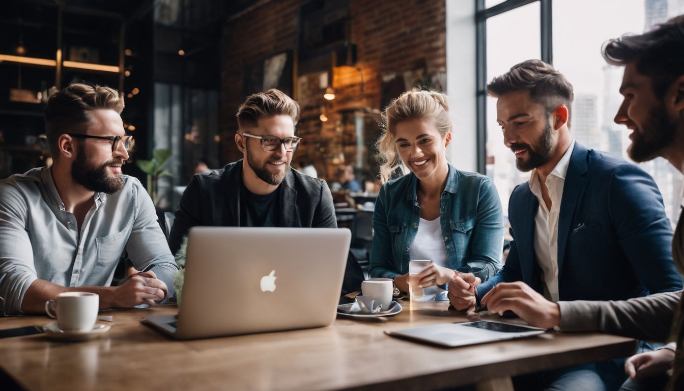 A diverse group of entrepreneurs brainstorm ideas in a vibrant setting. A diverse group of entrepreneurs brainstorm ideas in a vibrant setting.