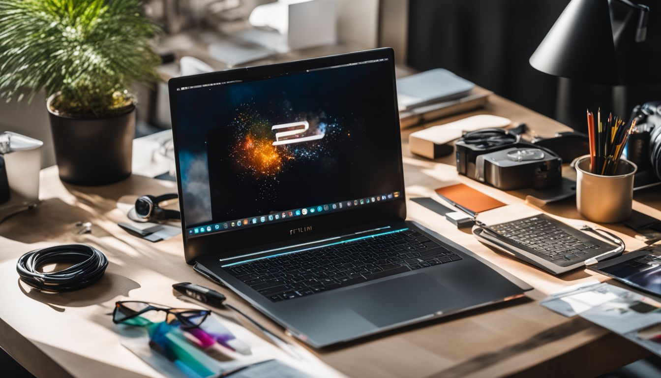 A laptop surrounded by office supplies with diverse cityscape photography.