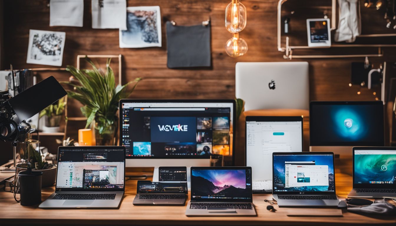 A laptop surrounded by social media icons and digital products.