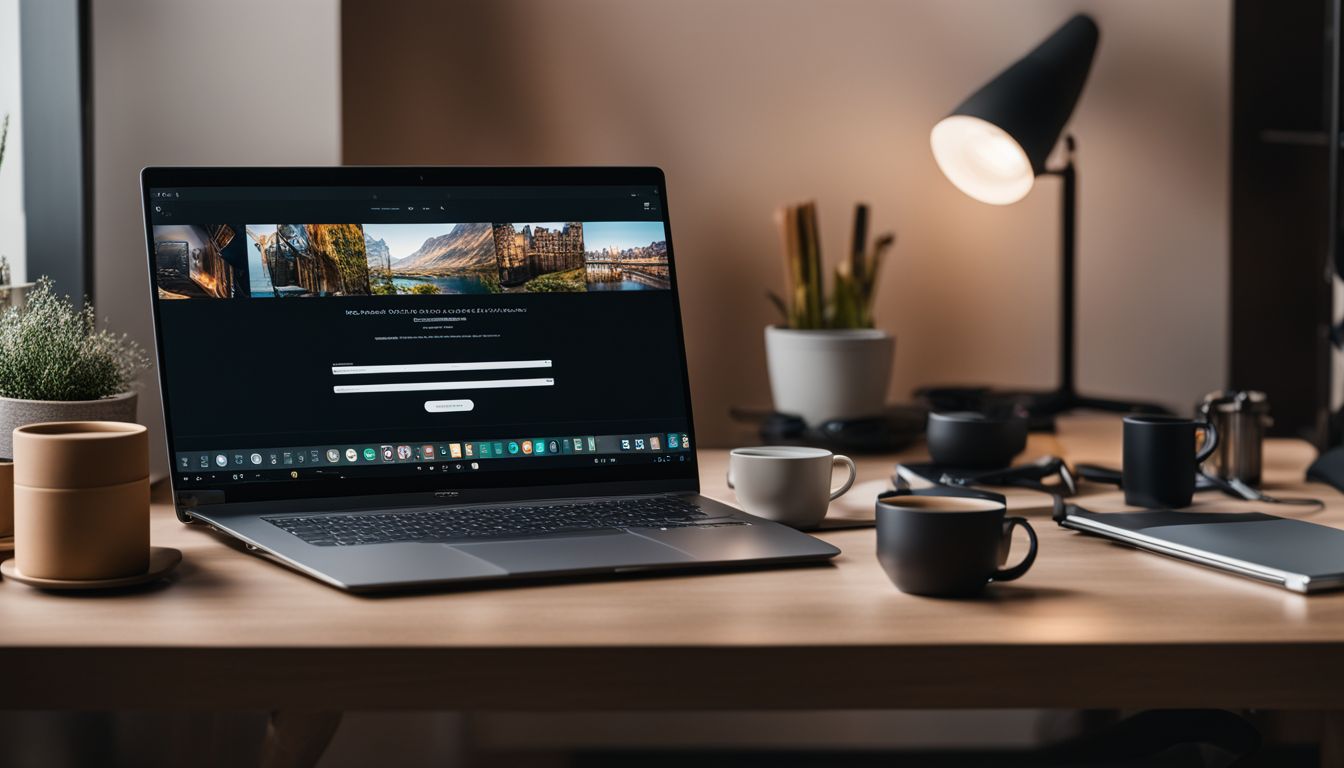 A busy desk with a laptop and various digital products.