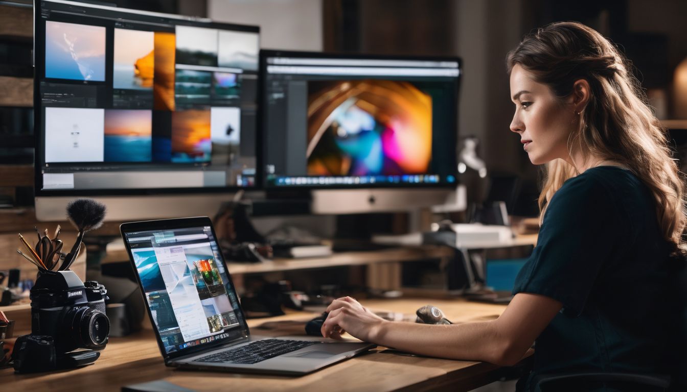 A person at a desk surrounded by digital templates and tools.