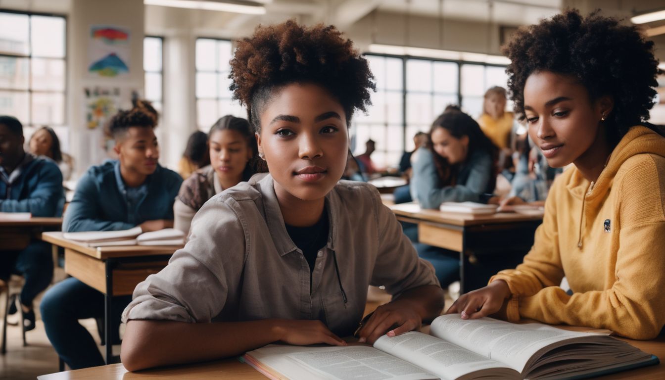 Diverse group of students in a well-equipped classroom.