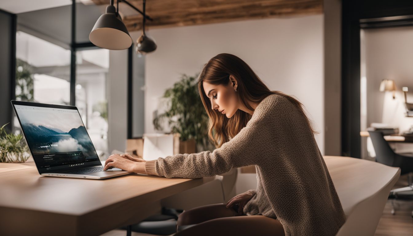 A woman browsing a digital product website in a modern home office.