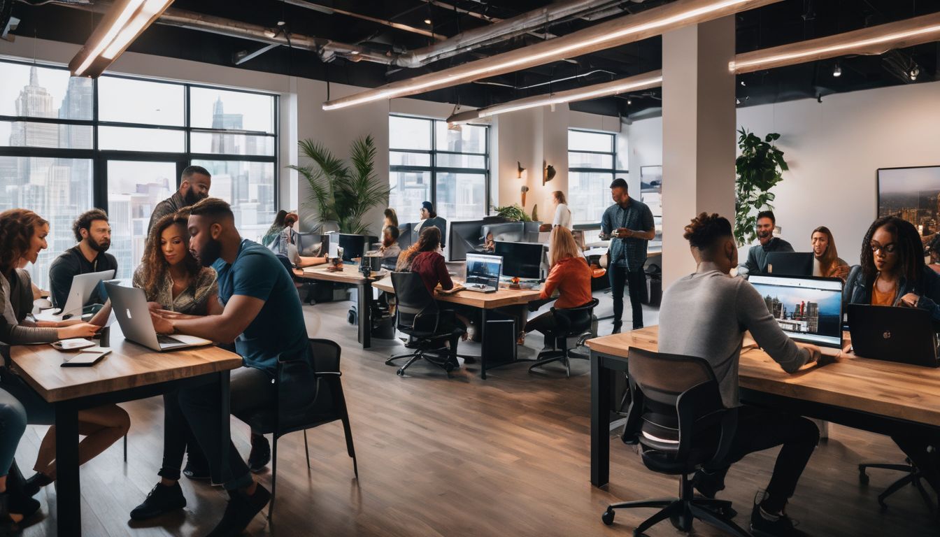 Diverse group of people working on laptops in modern coworking space.