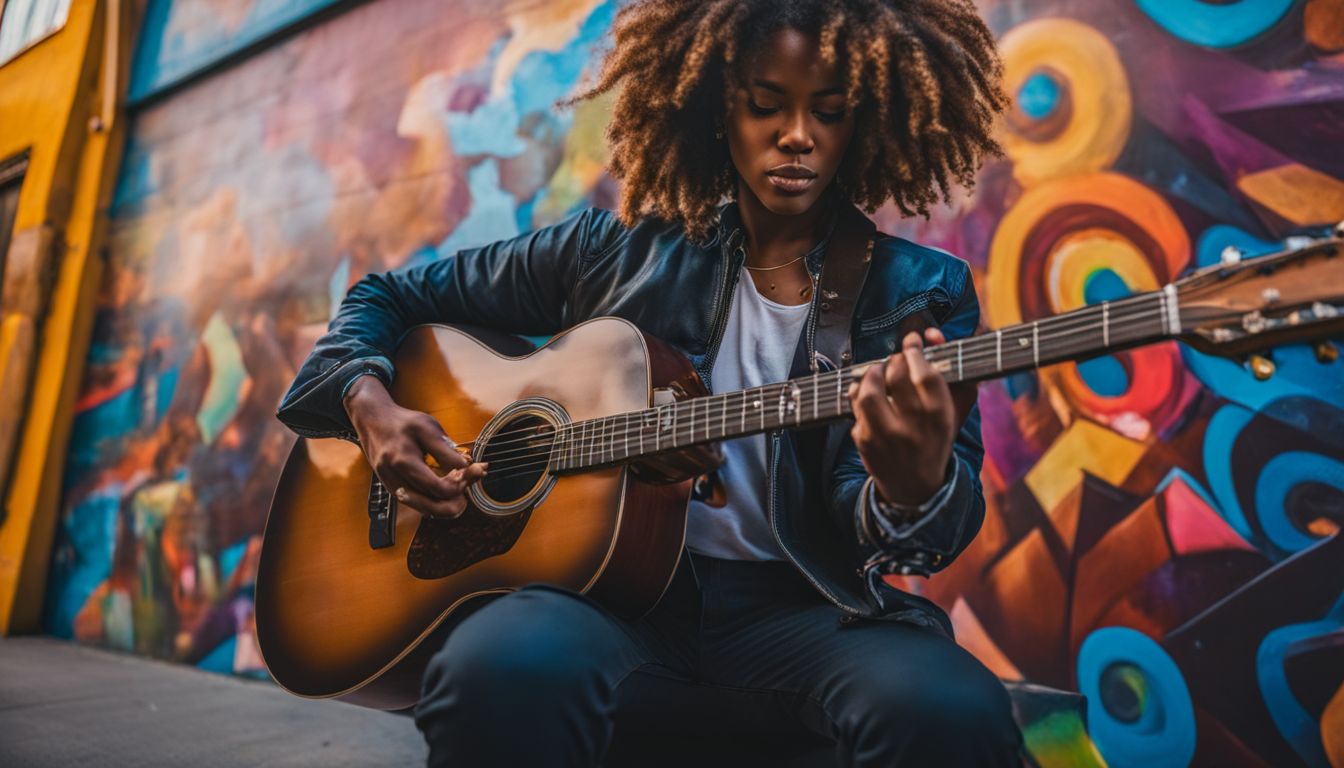 A musician playing guitar against a colorful street mural in a bustling cityscape.