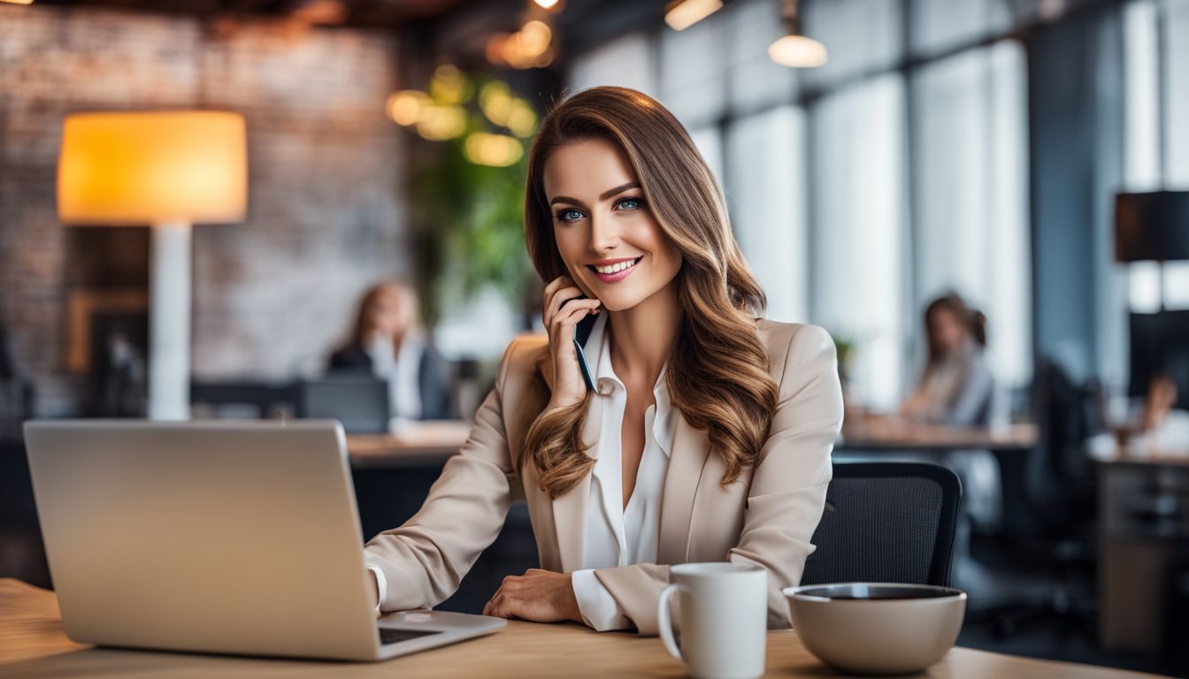 Businesswoman using laptop and phone in vibrant office space.