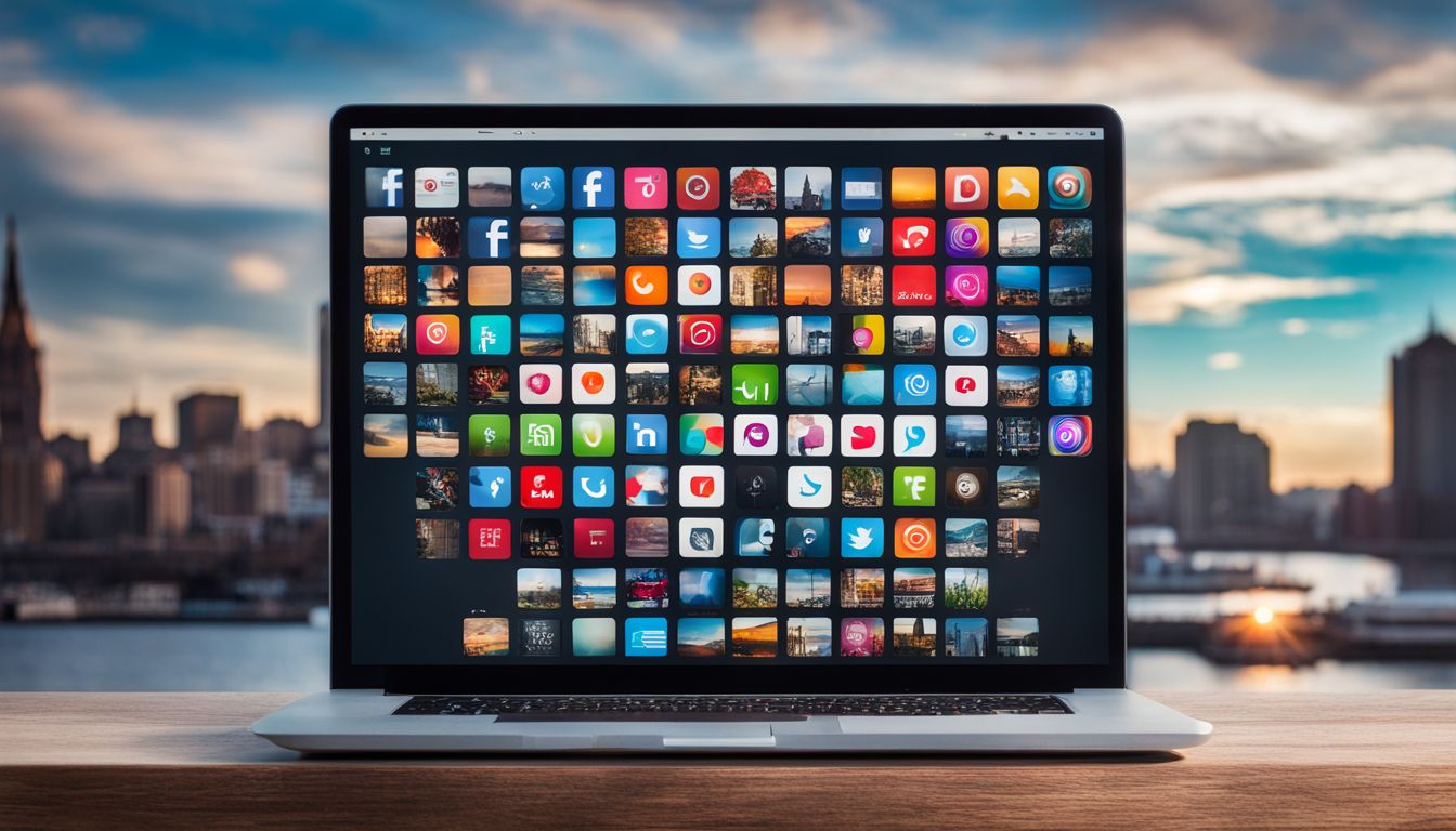 A laptop screen with colorful social media icons and cityscape photography.